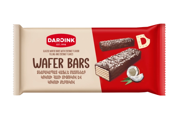 Ջնարակապատ վաֆլե բատոններ կոկոսի համի միջուկով և կոկոսի քերուկով